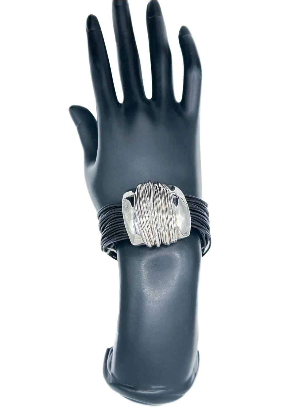 Paz Creations Black Multi-Strand Leather Bracelet with 925 Sterling Wrap Accent